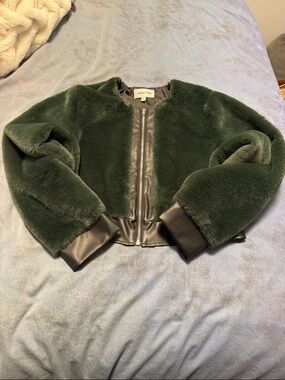 Vigoss Dark Green Faux Fur Bomber with Leather Trim